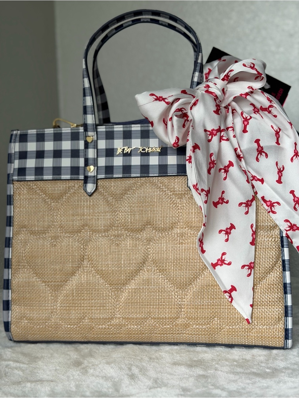 Betsey Johnson Navy blue Gingham quilted heart Straw Tote lobster scarf - Picture 11 of 11